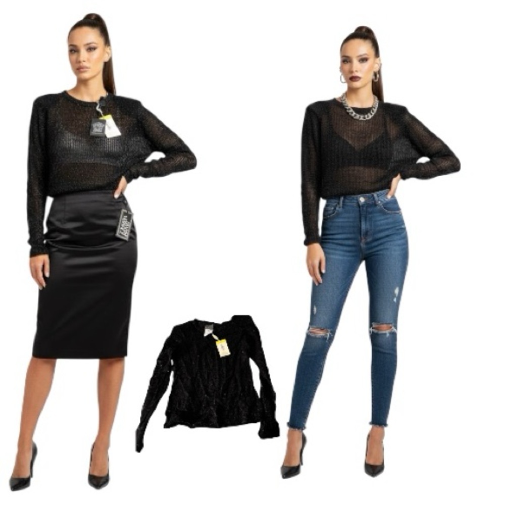 Versace Jeans Couture Y2K Metallic Mohair Knit Sweater Top Italy XL Cyber Glam